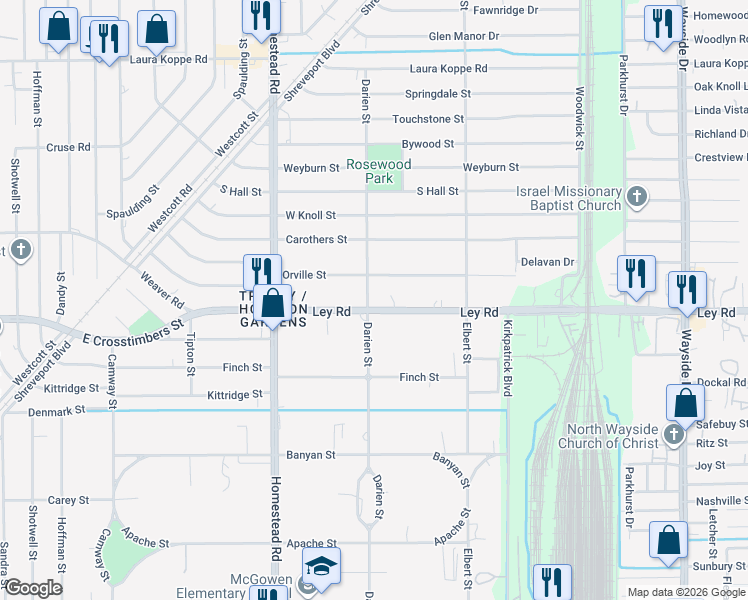 map of restaurants, bars, coffee shops, grocery stores, and more near 7612 Darien Street in Houston