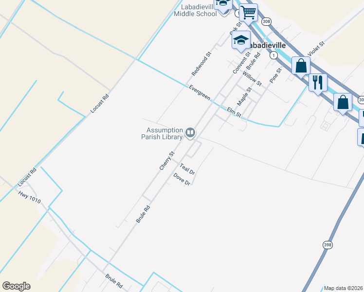 map of restaurants, bars, coffee shops, grocery stores, and more near 217-299 Cherry Street in Labadieville