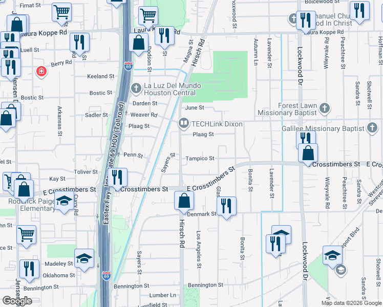 map of restaurants, bars, coffee shops, grocery stores, and more near 4213 Tampico Street in Houston