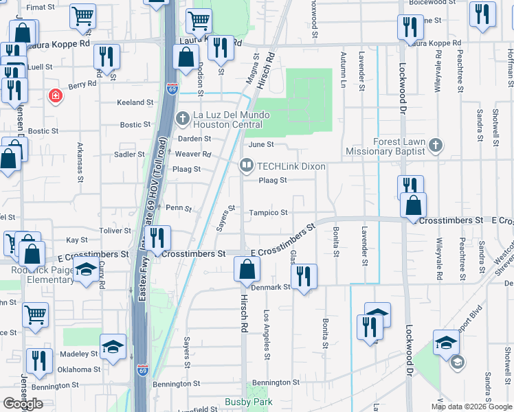 map of restaurants, bars, coffee shops, grocery stores, and more near 4213 Tampico Street in Houston