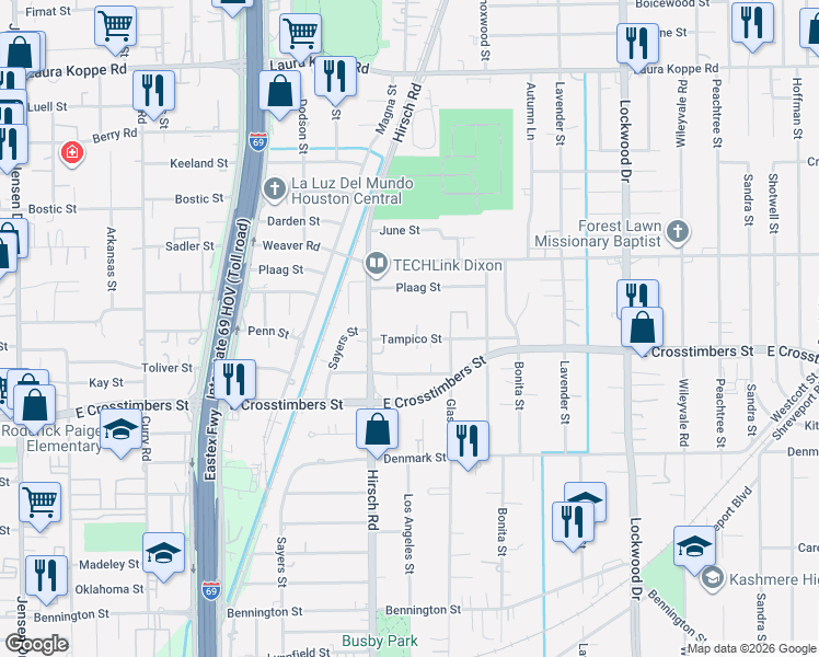 map of restaurants, bars, coffee shops, grocery stores, and more near 4213 Tampico Street in Houston