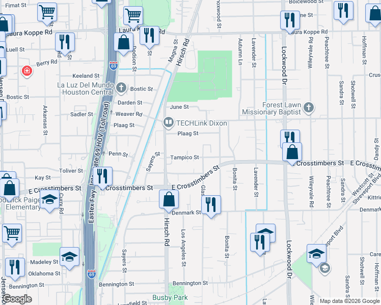map of restaurants, bars, coffee shops, grocery stores, and more near 4329 Tampico Street in Houston
