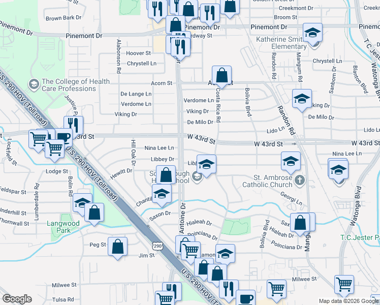 map of restaurants, bars, coffee shops, grocery stores, and more near 5414 Nina Lee Lane in Houston