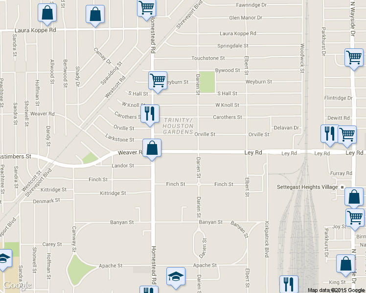map of restaurants, bars, coffee shops, grocery stores, and more near 7213 Ley Road in Houston
