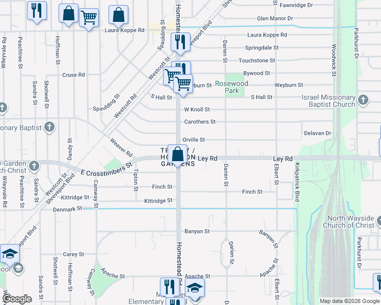 map of restaurants, bars, coffee shops, grocery stores, and more near 7119 Ley Road in Houston