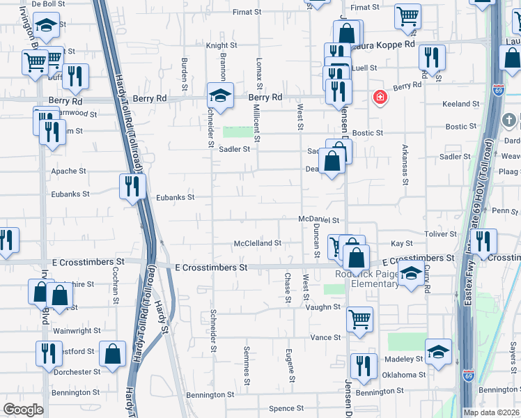 map of restaurants, bars, coffee shops, grocery stores, and more near 2411 Mann Street in Houston