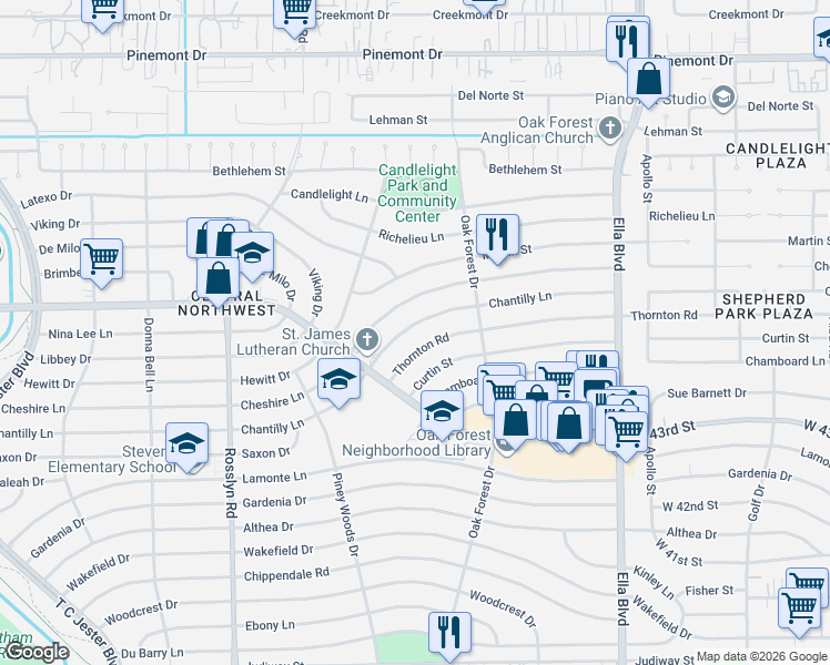 map of restaurants, bars, coffee shops, grocery stores, and more near 1507 Chantilly Lane in Houston
