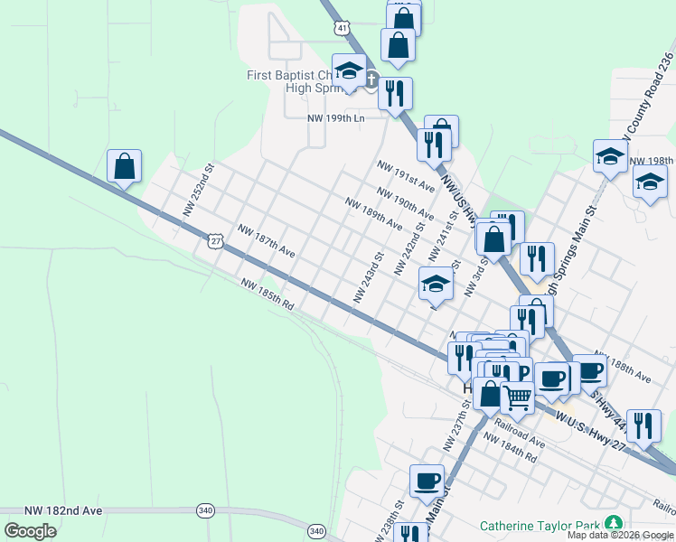 map of restaurants, bars, coffee shops, grocery stores, and more near 205 Northwest 9th Street in High Springs
