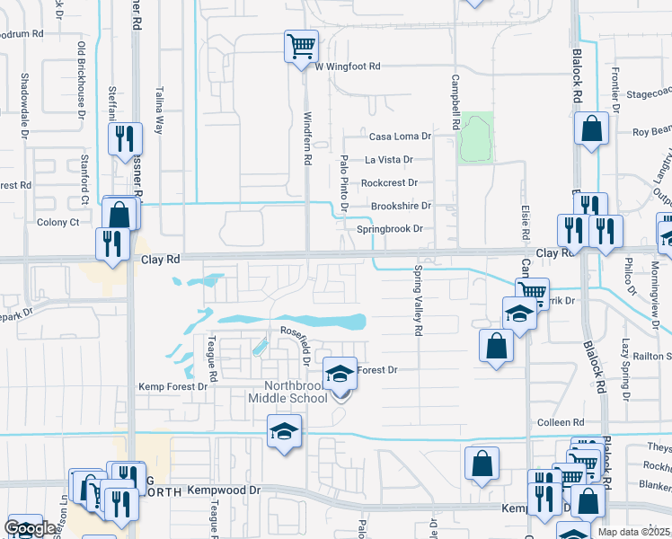 map of restaurants, bars, coffee shops, grocery stores, and more near 9830 Clay Road in Houston