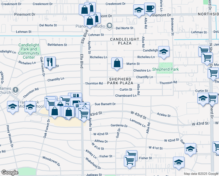 map of restaurants, bars, coffee shops, grocery stores, and more near 1134 Curtin Street in Houston