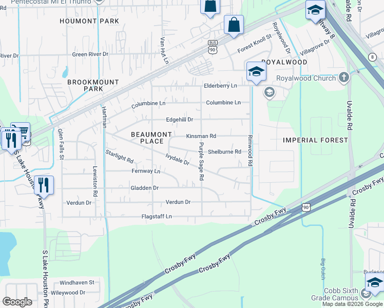 map of restaurants, bars, coffee shops, grocery stores, and more near 13134 Shelburne Road in Houston