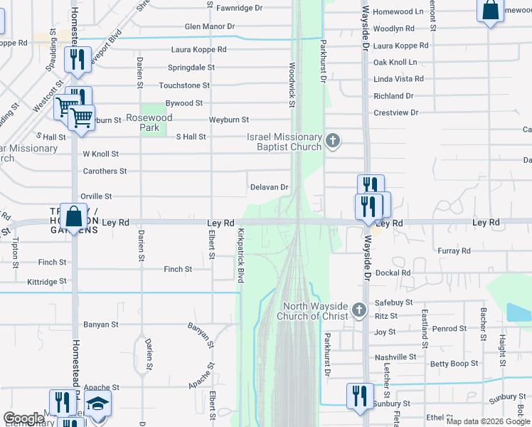 map of restaurants, bars, coffee shops, grocery stores, and more near 7617 Ley Road in Houston