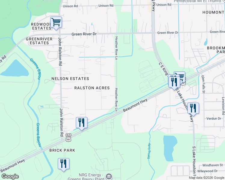 map of restaurants, bars, coffee shops, grocery stores, and more near 7413 Heather Row Lane in Houston