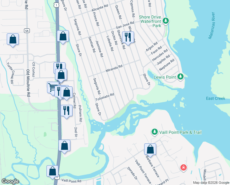map of restaurants, bars, coffee shops, grocery stores, and more near 444 Jasmine Road in St. Augustine