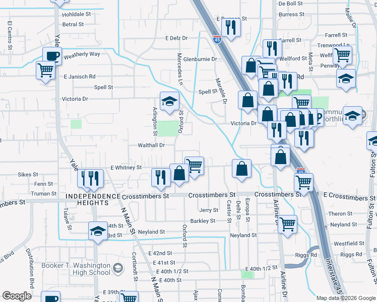 map of restaurants, bars, coffee shops, grocery stores, and more near 603 East Whitney Street in Houston
