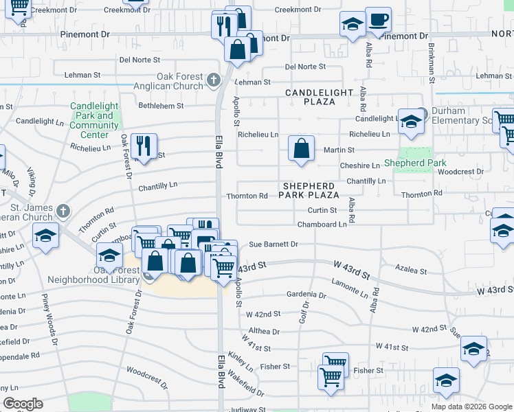 map of restaurants, bars, coffee shops, grocery stores, and more near 1123 Thornton Road in Houston