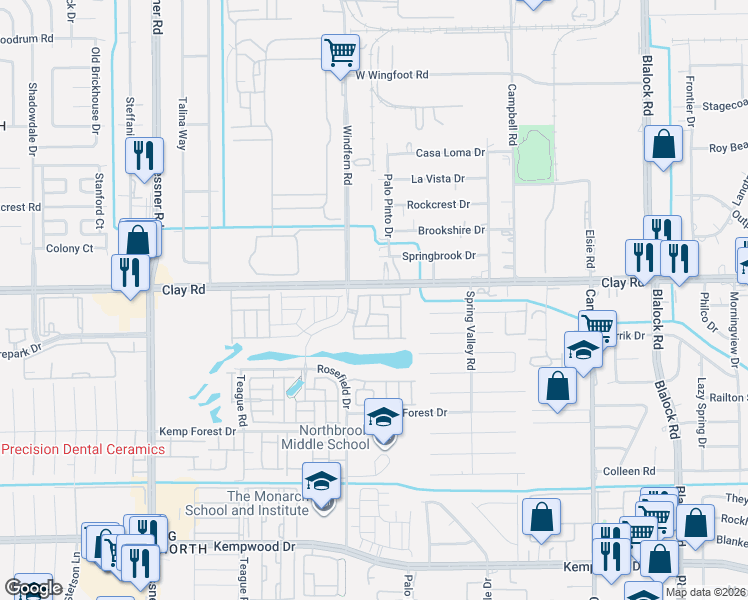 map of restaurants, bars, coffee shops, grocery stores, and more near 9830 Clay Road in Houston
