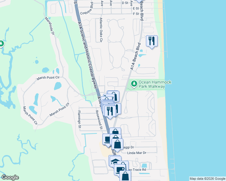 map of restaurants, bars, coffee shops, grocery stores, and more near 115 Whispering Oaks Circle in St. Augustine