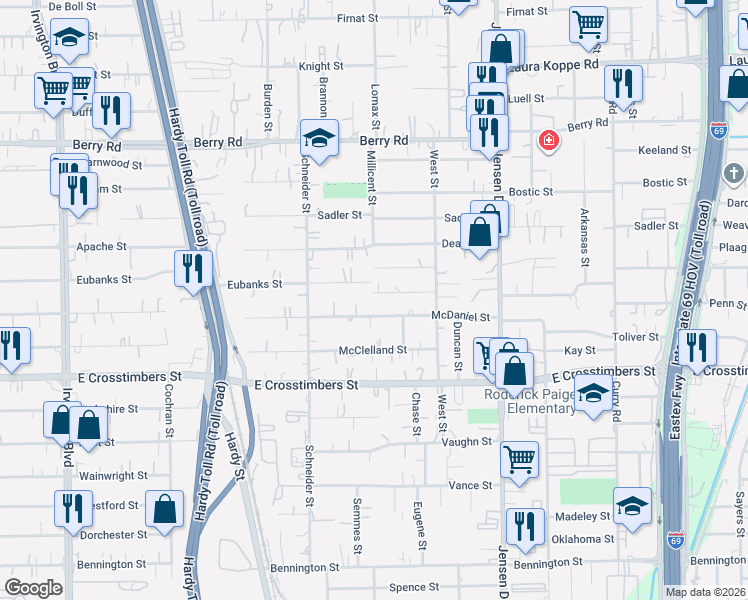 map of restaurants, bars, coffee shops, grocery stores, and more near 2411 Mann Street in Houston