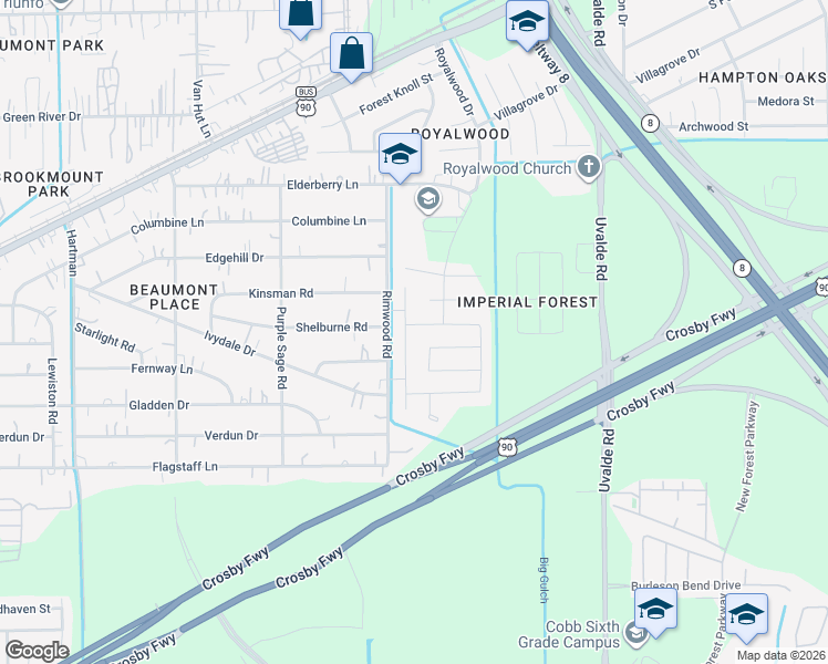 map of restaurants, bars, coffee shops, grocery stores, and more near 7400-7498 Rimwood Rd in Houston