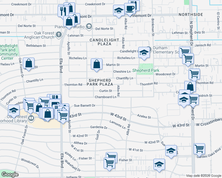 map of restaurants, bars, coffee shops, grocery stores, and more near 1039 Thornton Road in Houston