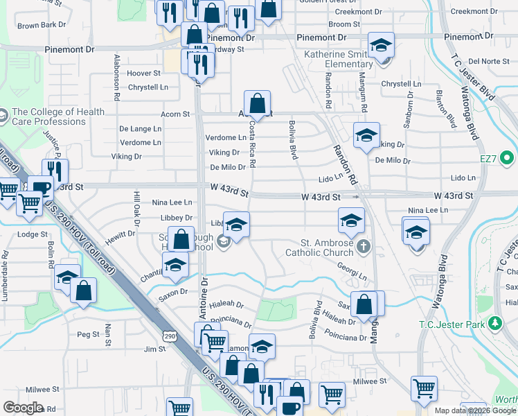 map of restaurants, bars, coffee shops, grocery stores, and more near 5217 West 43rd Street in Houston