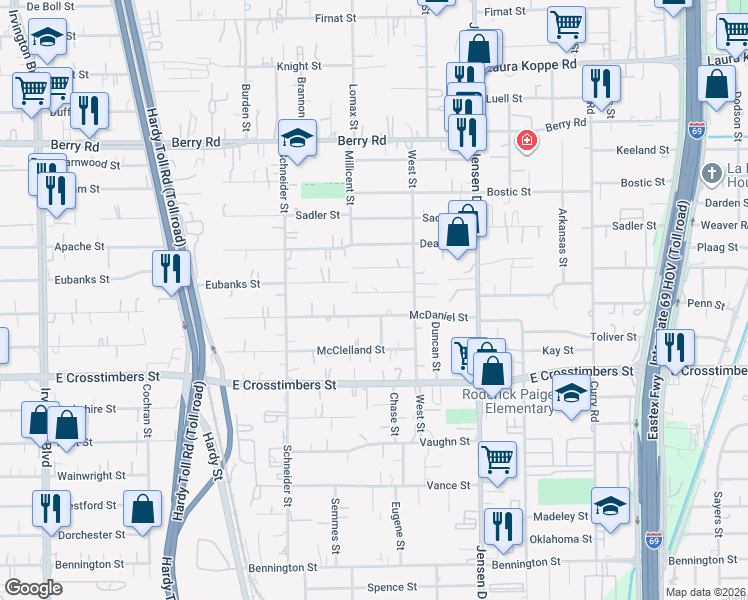 map of restaurants, bars, coffee shops, grocery stores, and more near 2411 Mann Street in Houston