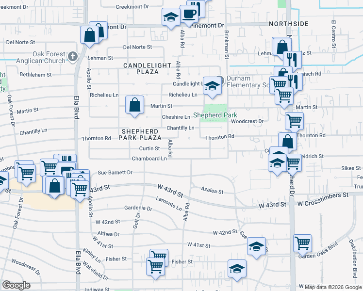 map of restaurants, bars, coffee shops, grocery stores, and more near 1011 Thornton Road in Houston
