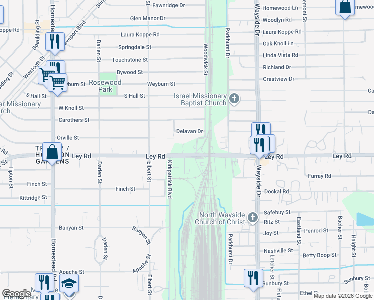 map of restaurants, bars, coffee shops, grocery stores, and more near 7617 Ley Road in Houston