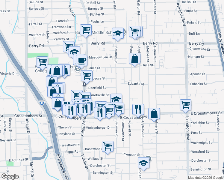 map of restaurants, bars, coffee shops, grocery stores, and more near 254 Deerfield Street in Houston