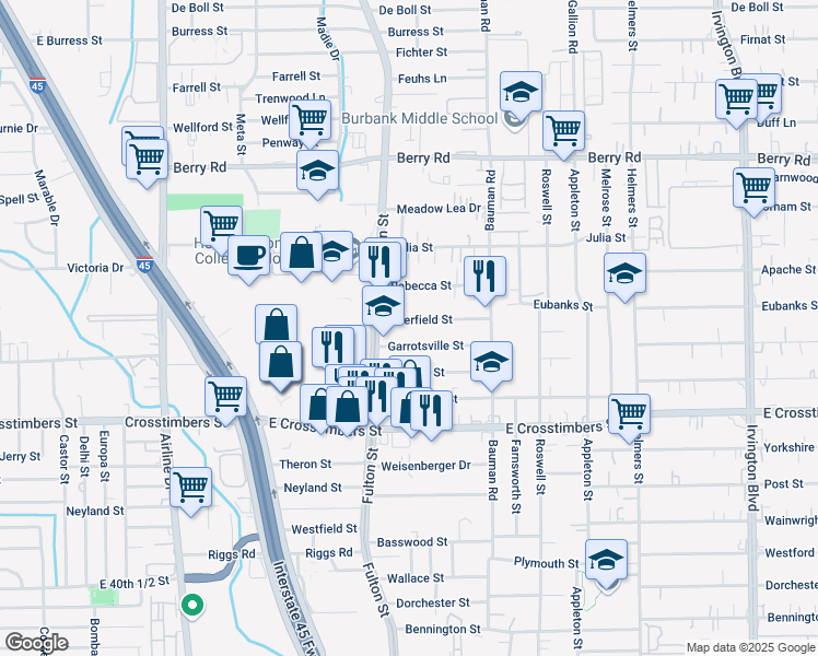 map of restaurants, bars, coffee shops, grocery stores, and more near 142 Deerfield Street in Houston
