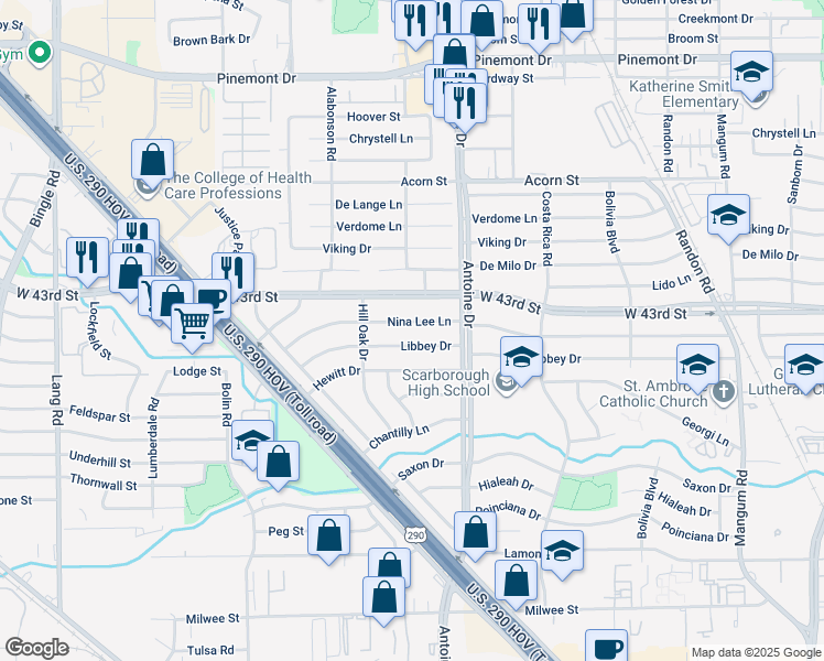 map of restaurants, bars, coffee shops, grocery stores, and more near 5611 Nina Lee Lane in Houston