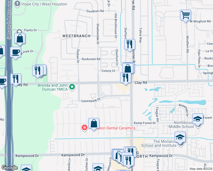 map of restaurants, bars, coffee shops, grocery stores, and more near 10333 Clay Road in Houston