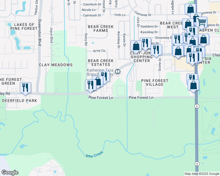 map of restaurants, bars, coffee shops, grocery stores, and more near 17103 Clay Road in Houston