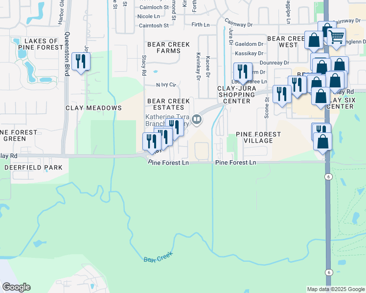 map of restaurants, bars, coffee shops, grocery stores, and more near 17103 Clay Road in Houston