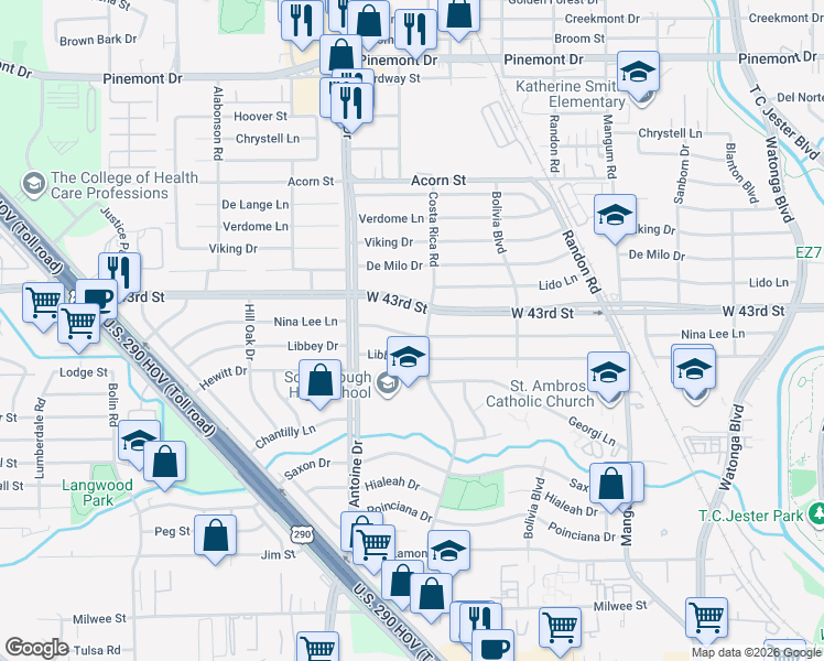 map of restaurants, bars, coffee shops, grocery stores, and more near 5310 Nina Lee Lane in Houston