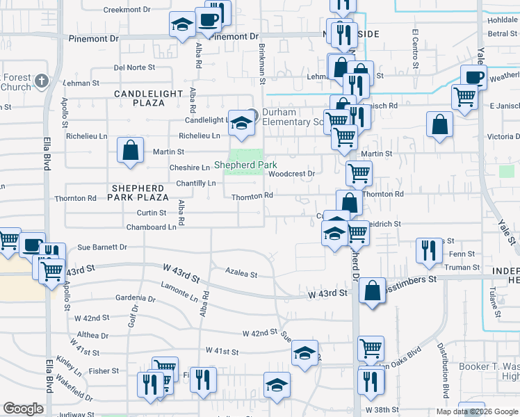 map of restaurants, bars, coffee shops, grocery stores, and more near 942 Curtin Street in Houston