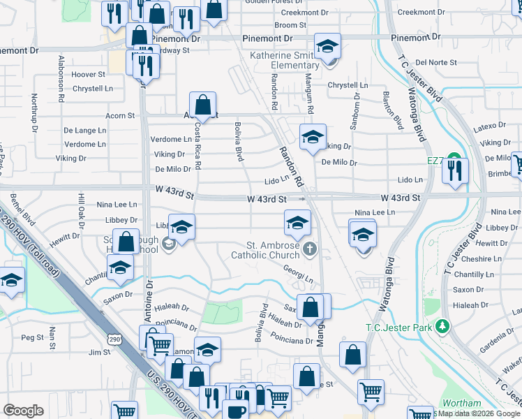 map of restaurants, bars, coffee shops, grocery stores, and more near 5030 Nina Lee Lane in Houston