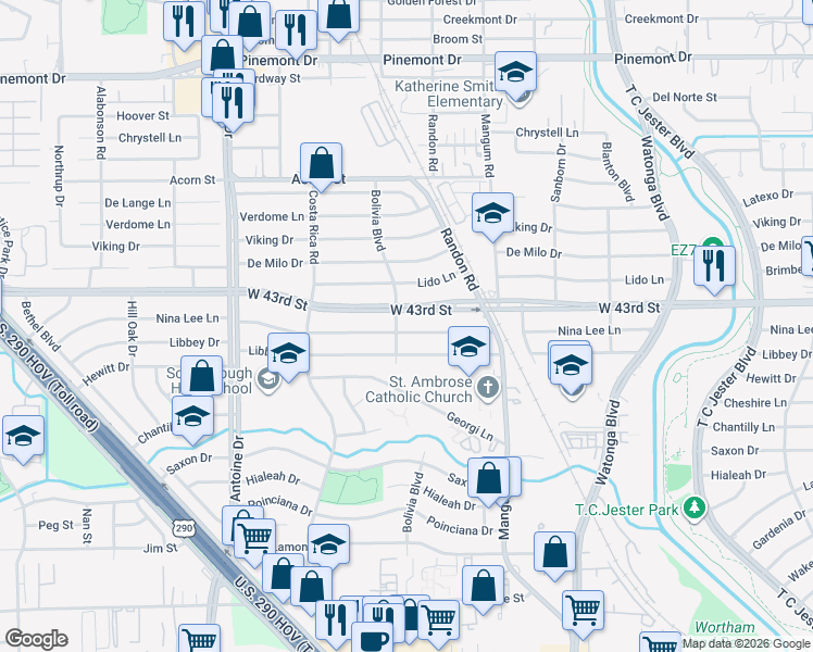 map of restaurants, bars, coffee shops, grocery stores, and more near 5033 West 43rd Street in Houston