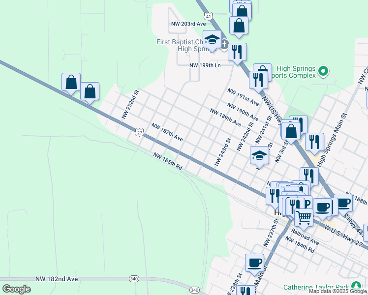 map of restaurants, bars, coffee shops, grocery stores, and more near 115 Northwest 10th Street in High Springs