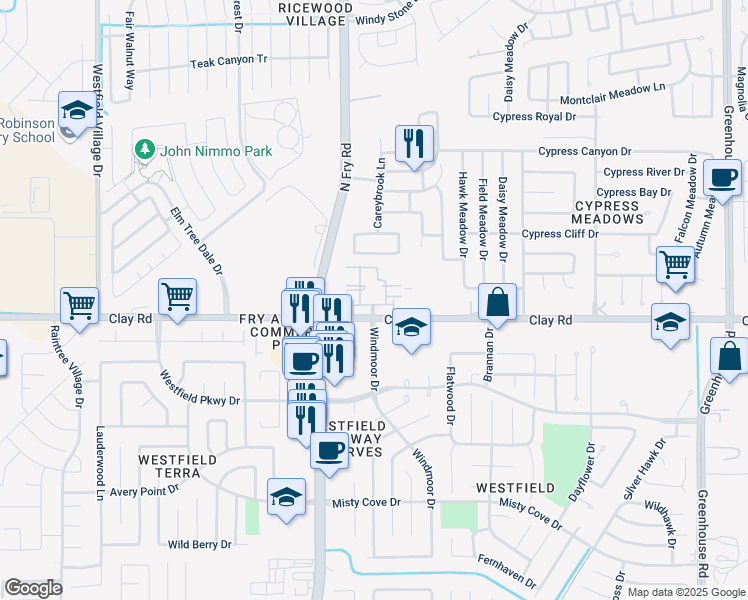 map of restaurants, bars, coffee shops, grocery stores, and more near 19770 Clay Road in Katy