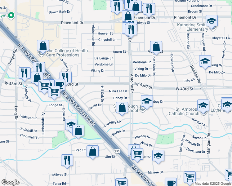 map of restaurants, bars, coffee shops, grocery stores, and more near 5611 Nina Lee Lane in Houston