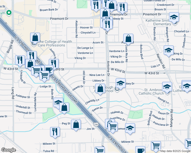 map of restaurants, bars, coffee shops, grocery stores, and more near 5611 Nina Lee Lane in Houston