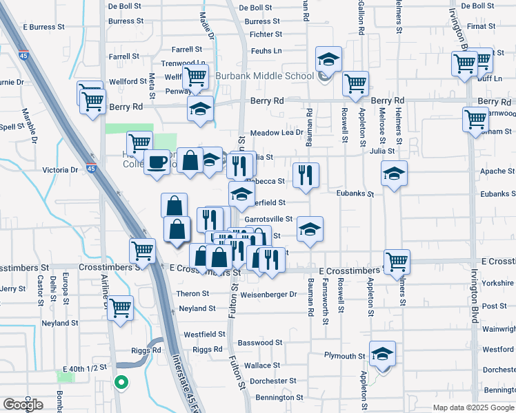 map of restaurants, bars, coffee shops, grocery stores, and more near 142 Deerfield Street in Houston