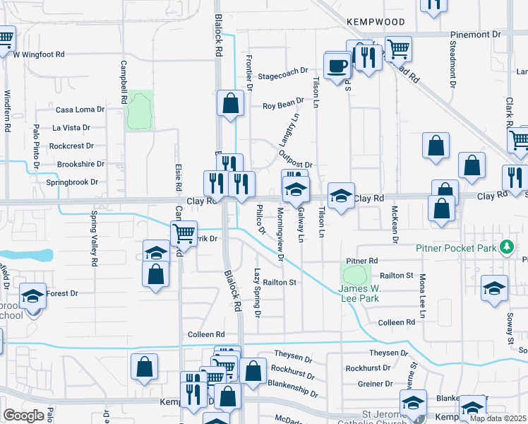 map of restaurants, bars, coffee shops, grocery stores, and more near 9254 Clanton Street in Houston
