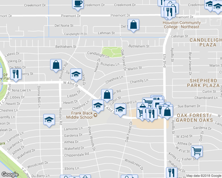 map of restaurants, bars, coffee shops, grocery stores, and more near 1507 Chantilly Lane in Houston