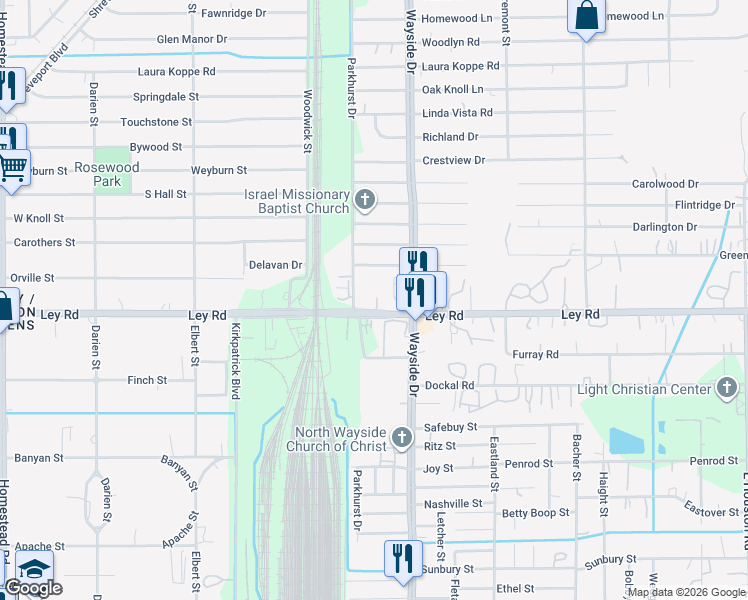 map of restaurants, bars, coffee shops, grocery stores, and more near 7813 Ley Road in Houston