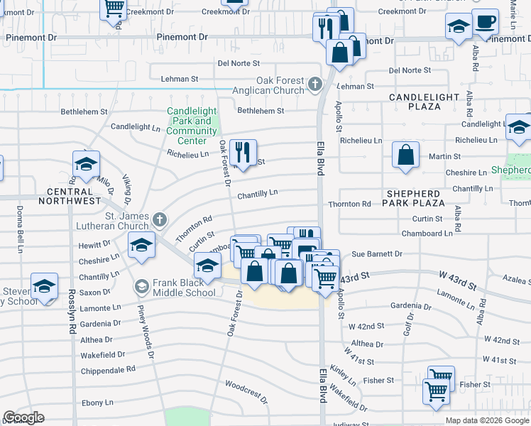 map of restaurants, bars, coffee shops, grocery stores, and more near 1313 Thornton Road in Houston