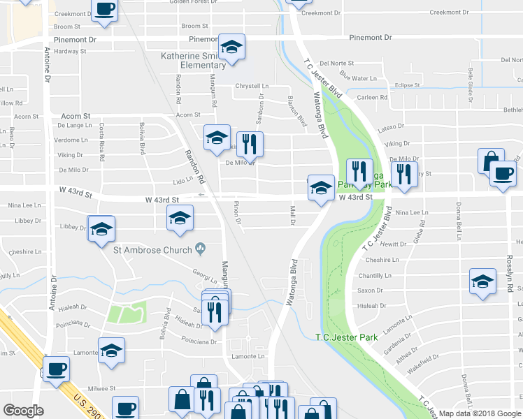 map of restaurants, bars, coffee shops, grocery stores, and more near 4618 Nina Lee Lane in Houston