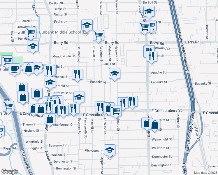 map of restaurants, bars, coffee shops, grocery stores, and more near 7717 Melrose Street in Houston